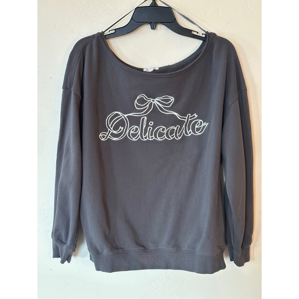 Garage Delicate Bow Graphic Sweatshirt Charcoal Gray Scoop Neck Cotton  M